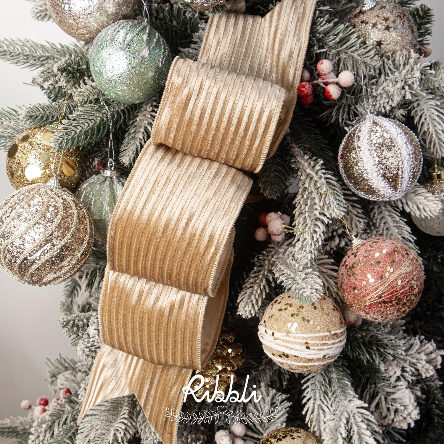 Ribbli Glossy Dusty Green Velvet Wired Ribbon 2.5 Inch Striped Velvet Christmas Ribbon for Gift Wrapping Christmas Tree Decoration Crafts Wreaths Supplies-Continuous 10 Yards(Khaki)