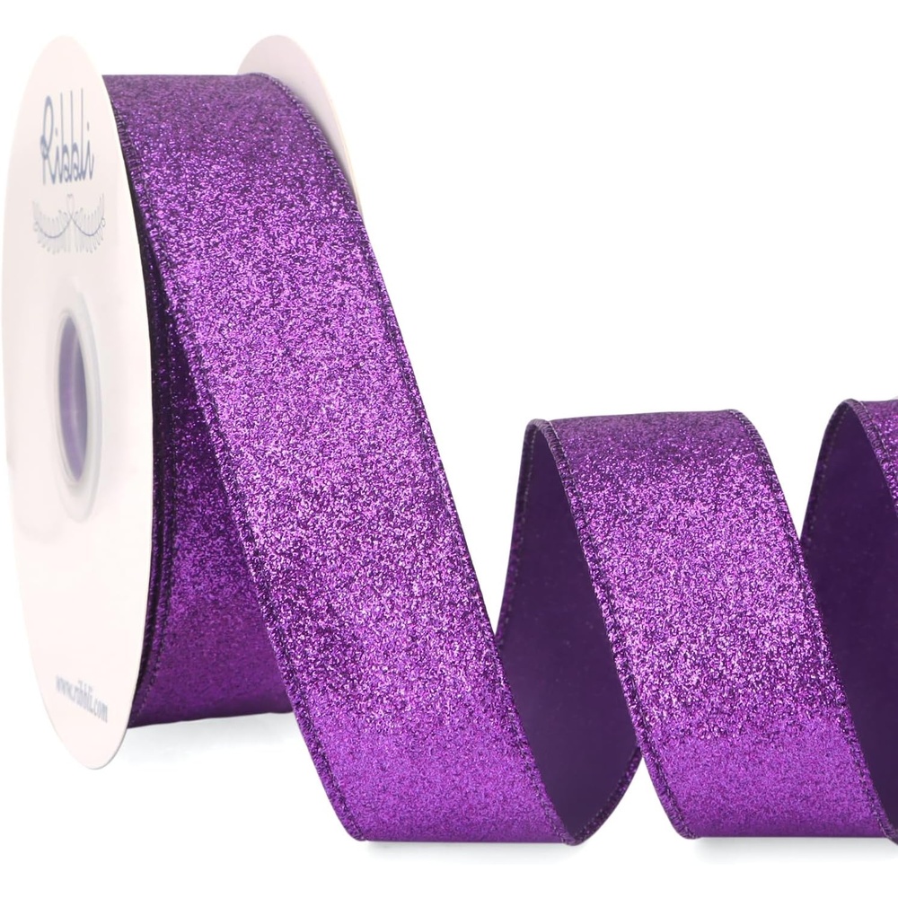 Ribbli Champagne Gold Glitter Wired Ribbon with Metallic Edge, Christmas Ribbon for Wreath, Christmas Tree Decoration, Gift Wrapping, Home Decor, 1-1/2 Inch x 20 Yards(Purple)