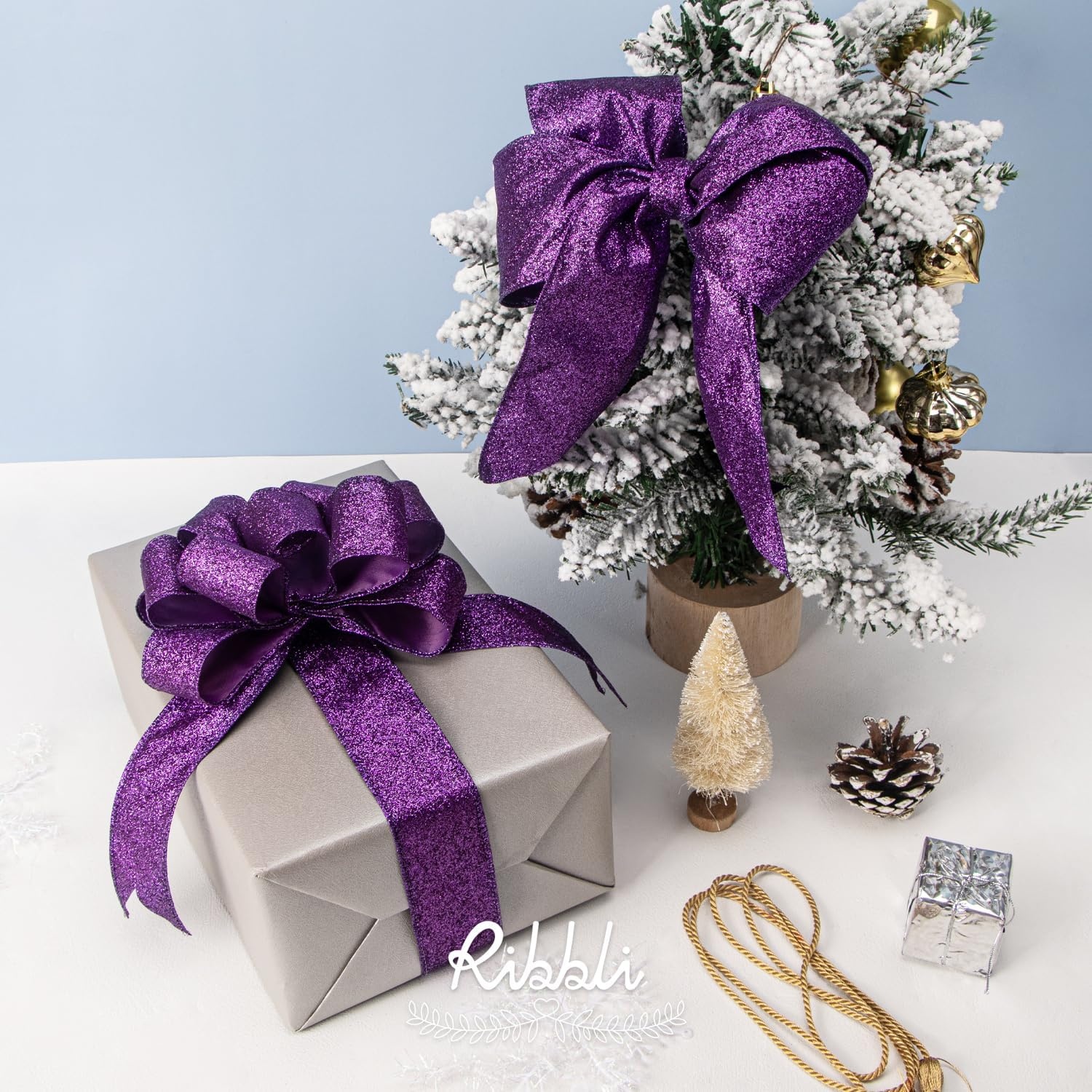 Ribbli Champagne Gold Glitter Wired Ribbon with Metallic Edge, Christmas Ribbon for Wreath, Christmas Tree Decoration, Gift Wrapping, Home Decor, 1-1/2 Inch x 20 Yards(Purple)