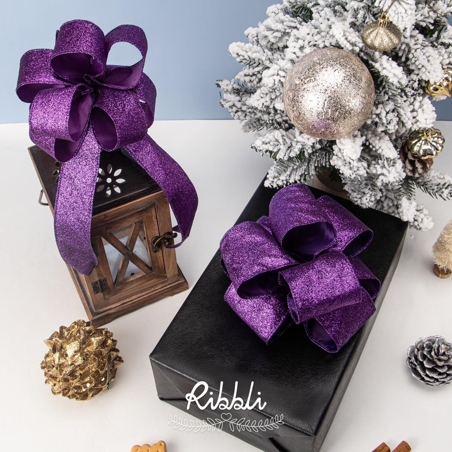 Ribbli Champagne Gold Glitter Wired Ribbon with Metallic Edge, Christmas Ribbon for Wreath, Christmas Tree Decoration, Gift Wrapping, Home Decor, 1-1/2 Inch x 20 Yards(Purple)