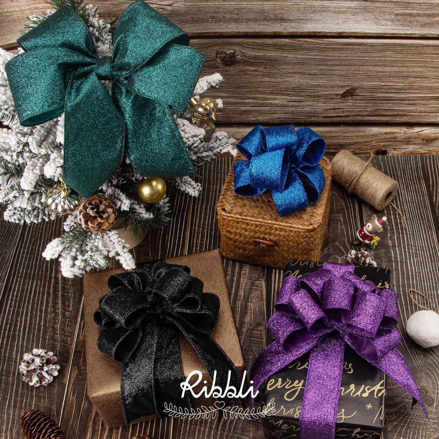Ribbli Champagne Gold Glitter Wired Ribbon with Metallic Edge, Christmas Ribbon for Wreath, Christmas Tree Decoration, Gift Wrapping, Home Decor, 1-1/2 Inch x 20 Yards(Purple)