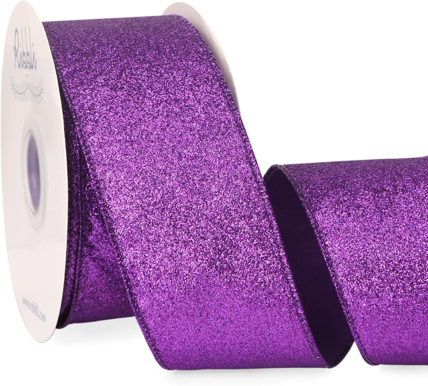 Ribbli Champagne Gold Glitter Wired Ribbon with Metallic Edge, Christmas Ribbon for Wreath, Christmas Tree Decoration, Gift Wrapping, Home Decor, 1-1/2 Inch x 20 Yards(Purple)