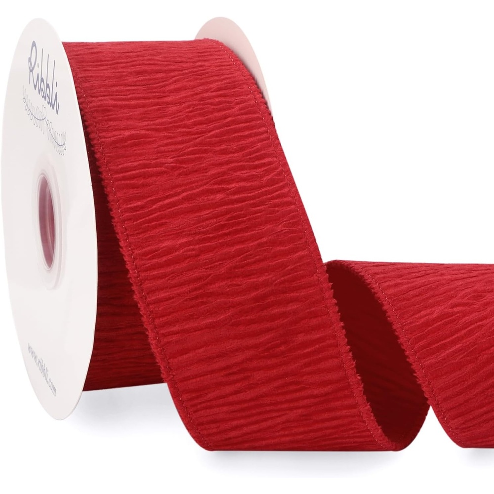 Ribbli Camel Crinkled Velvet Wired Ribbon 2.5 Inch Velvet Christmas Ribbon for Gift Wrapping Christmas Tree Decoration Crafts Wreaths Supplies-Continuous 10 Yards(Red)
