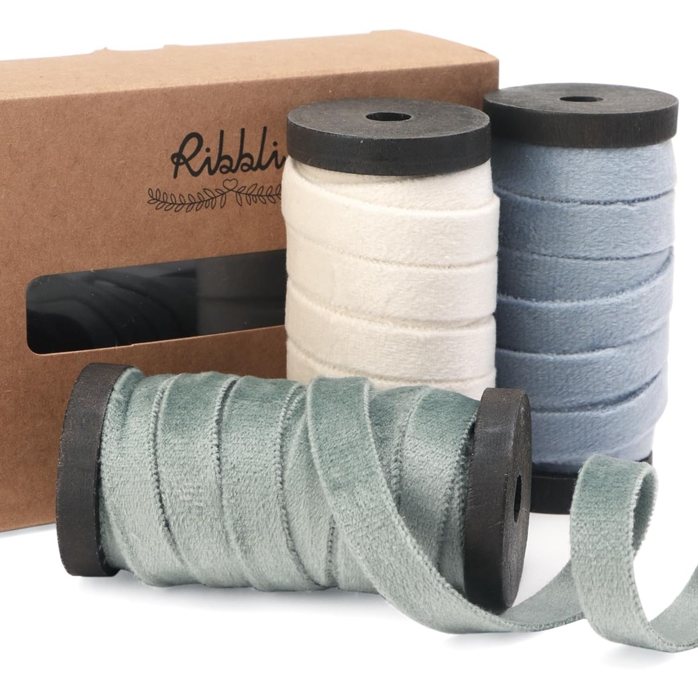 Ribbli Antique Gold Velvet Ribbon 3 Rolls Double Faced 3/8 Inch 18-Yard with Wooden Spool Use for Christmas Tree Ornaments Gift Wrapping Wreath Decoration Wedding Boutonnieres(Dusty Blue/Cream/Dusty Sage)