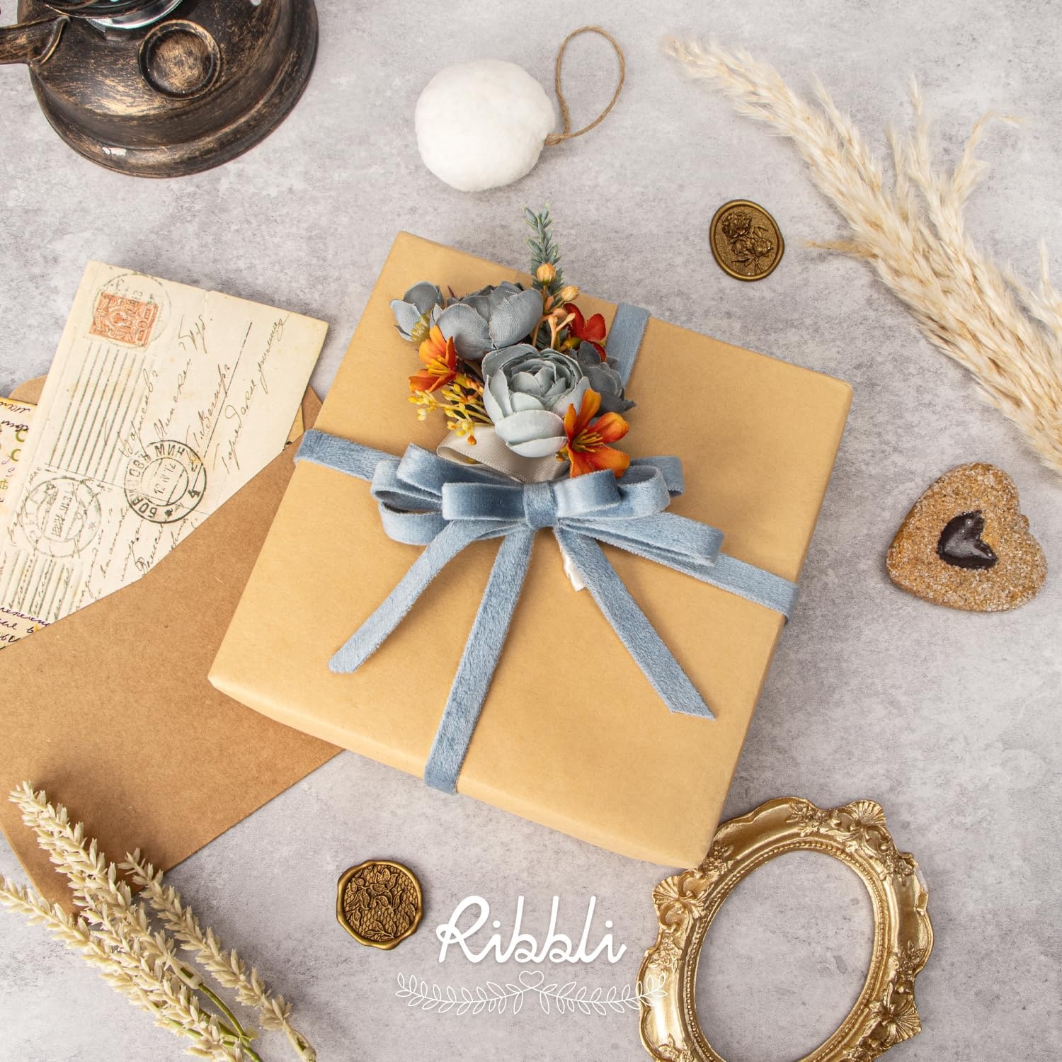 Ribbli Antique Gold Velvet Ribbon 3 Rolls Double Faced 3/8 Inch 18-Yard with Wooden Spool Use for Christmas Tree Ornaments Gift Wrapping Wreath Decoration Wedding Boutonnieres(Dusty Blue/Cream/Dusty Sage)