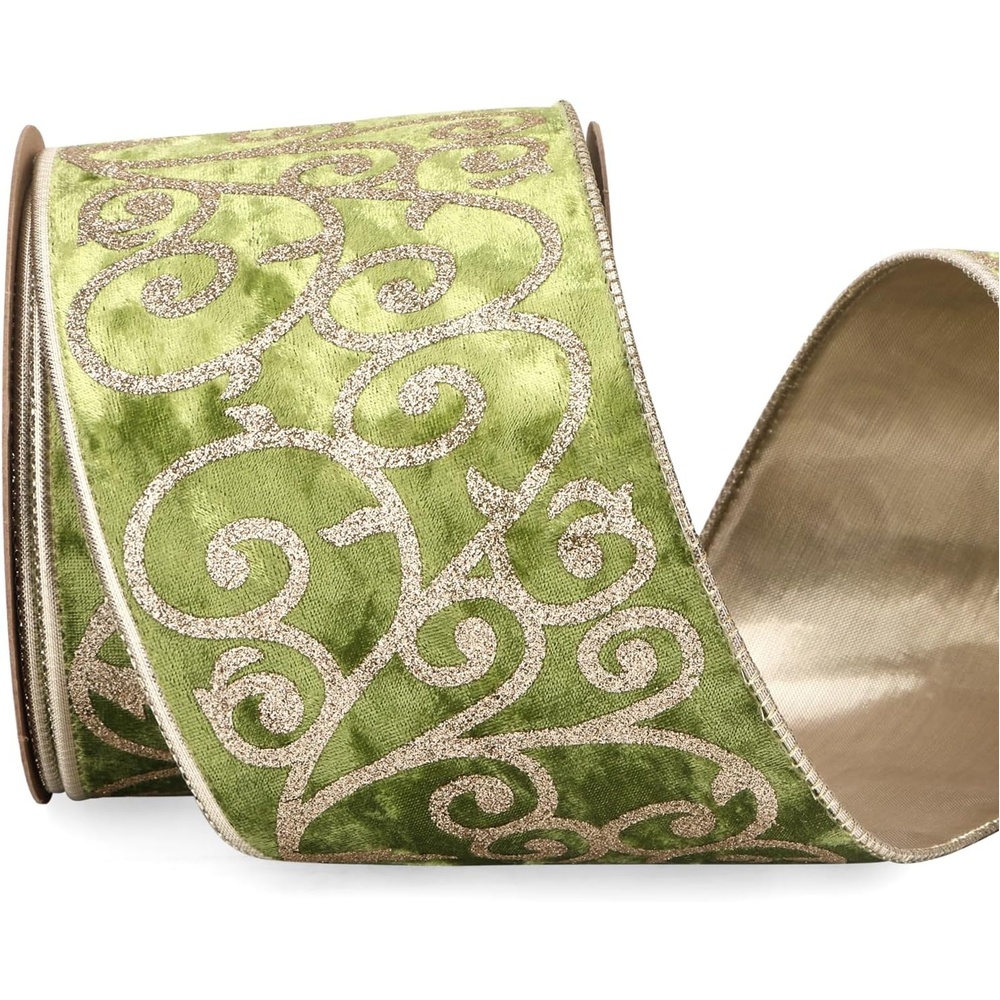 Ribbli Sage Green Velvet Ribbon Wired with Glitter Swirl 4 Inch Christmas Ribbon for Christmas Tree Decoration Big Bow Gift Wrapping Crafts Wreaths Supplies – 10 Yards(Sage Green)