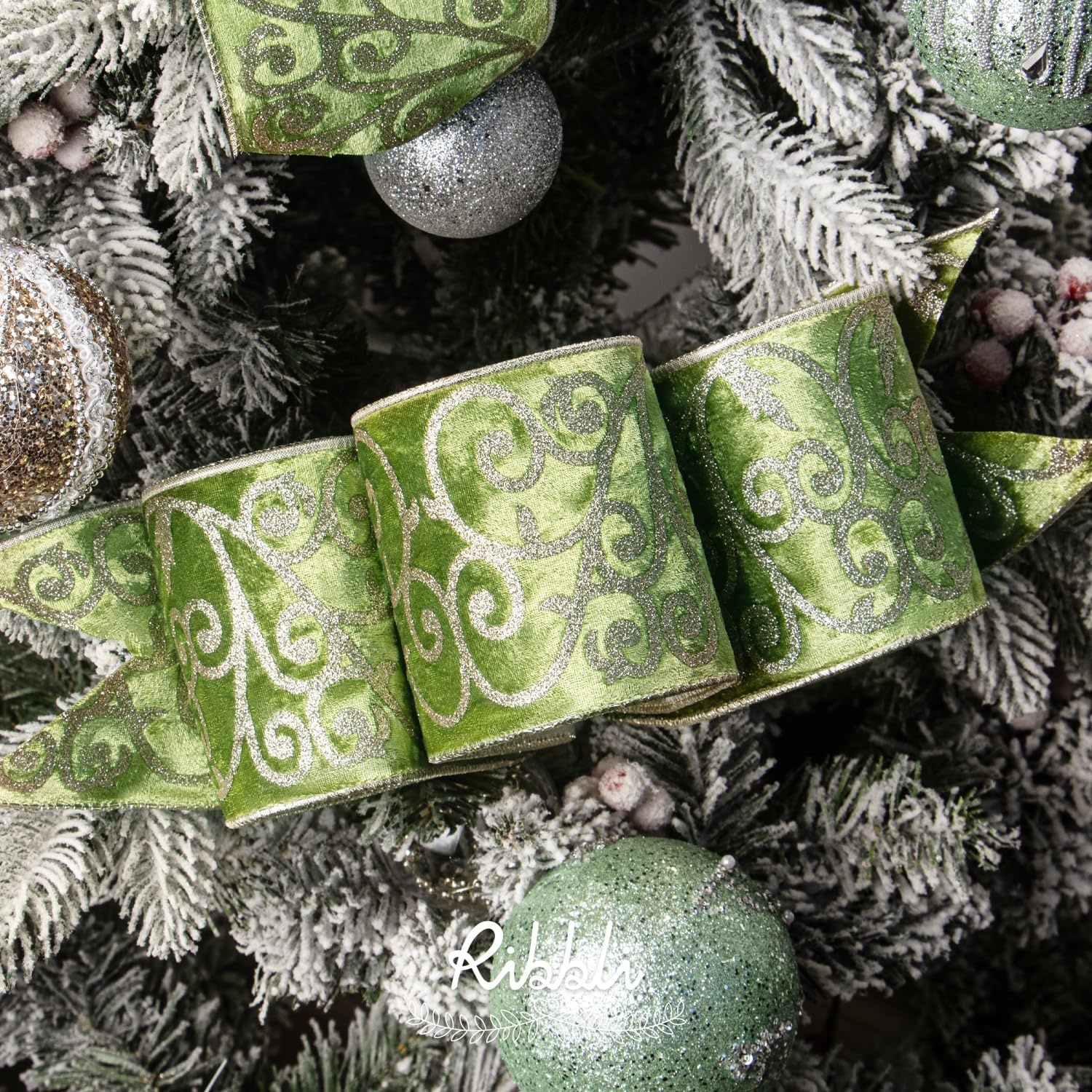 Ribbli Sage Green Velvet Ribbon Wired with Glitter Swirl 4 Inch Christmas Ribbon for Christmas Tree Decoration Big Bow Gift Wrapping Crafts Wreaths Supplies – 10 Yards(Sage Green)