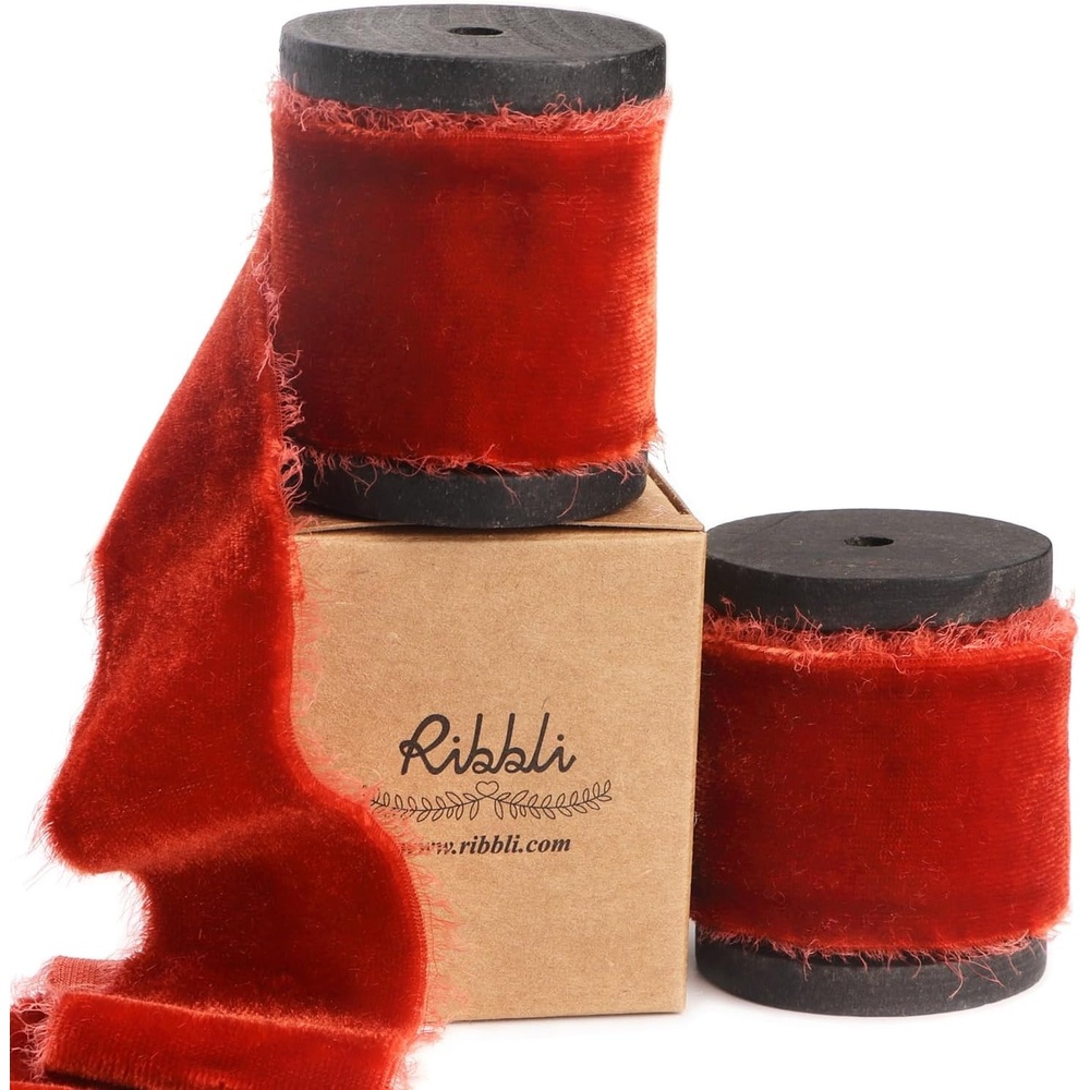 Ribbli Light Champagne Velvet Ribbon 1.5 Inch Handmade Frayed Christmas Ribbon for Gift Wrapping Christmas Tree Ornament Wreath Craft Home Decor -Total 3 Yards with Wooden Spool(Rust Red)