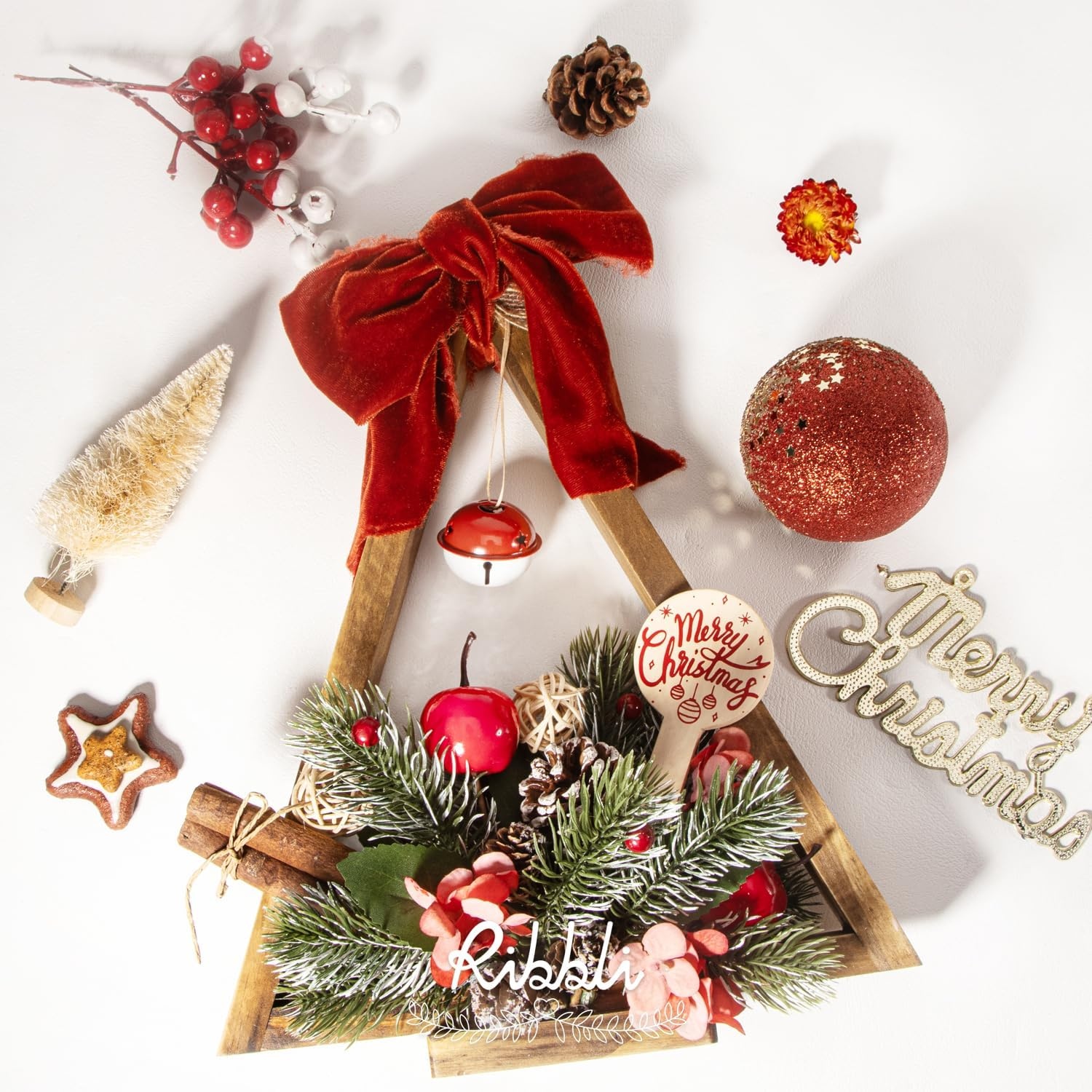 Ribbli Light Champagne Velvet Ribbon 1.5 Inch Handmade Frayed Christmas Ribbon for Gift Wrapping Christmas Tree Ornament Wreath Craft Home Decor -Total 3 Yards with Wooden Spool(Rust Red)