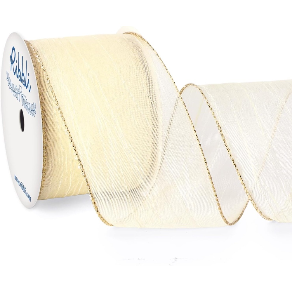 Ribbli Dusty Blue Crinkled Wired Ribbon 2.5 Inch with Metallic Wavy Christmas Ribbon for Cristmas Tree Topper Bow Wreaths Swags Gift Wrapping Wedding Decoration-Countinuous 10 Yard(Ivory)
