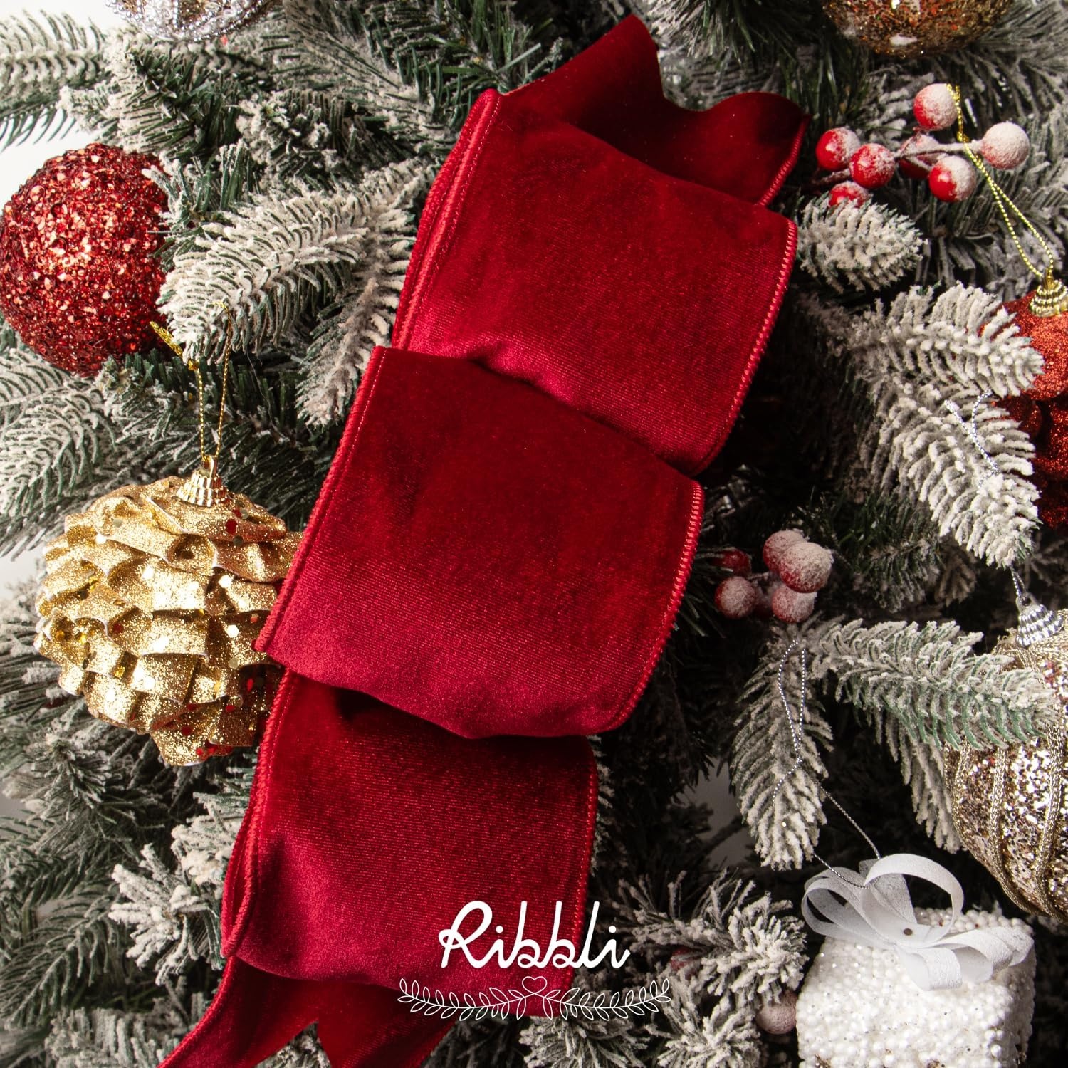 Ribbli Dusty Green Velvet Wired Ribbon 4 Inch Sage Velvet with Satin Christmas Ribbon for Gift Wrapping Christmas Tree Decoration Crafts Wreaths Supplies-Continuous 10 Yards(Red)