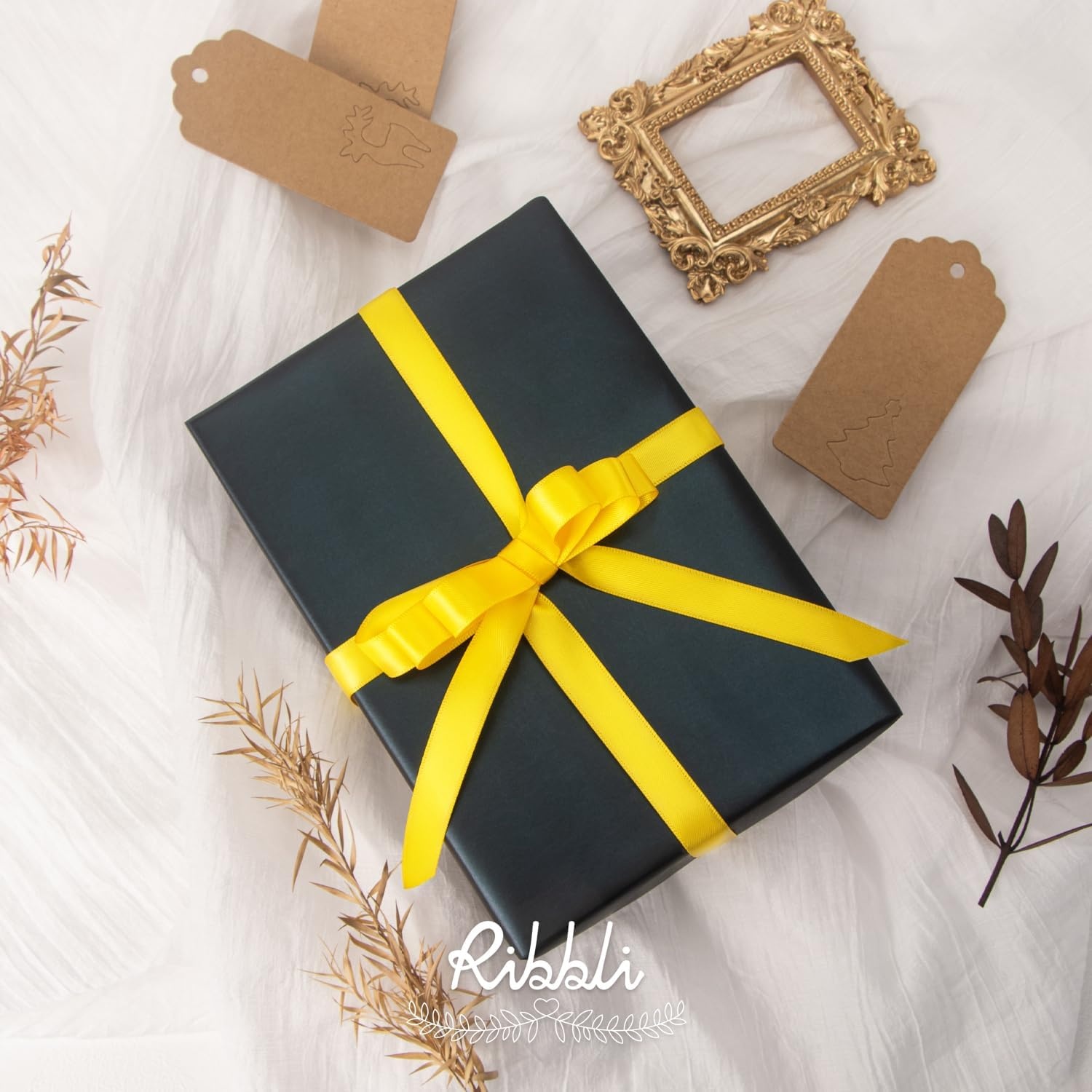 Ribbli Dusty Blue Satin Ribbon Double Faced Satin 1-1/2 Inch x Continuous 50 Yards-Blue Ribbon for Gift Wrapping Crafts Wedding Decoration Bows Bouquet Floral Arrangement(Maize Yellow)