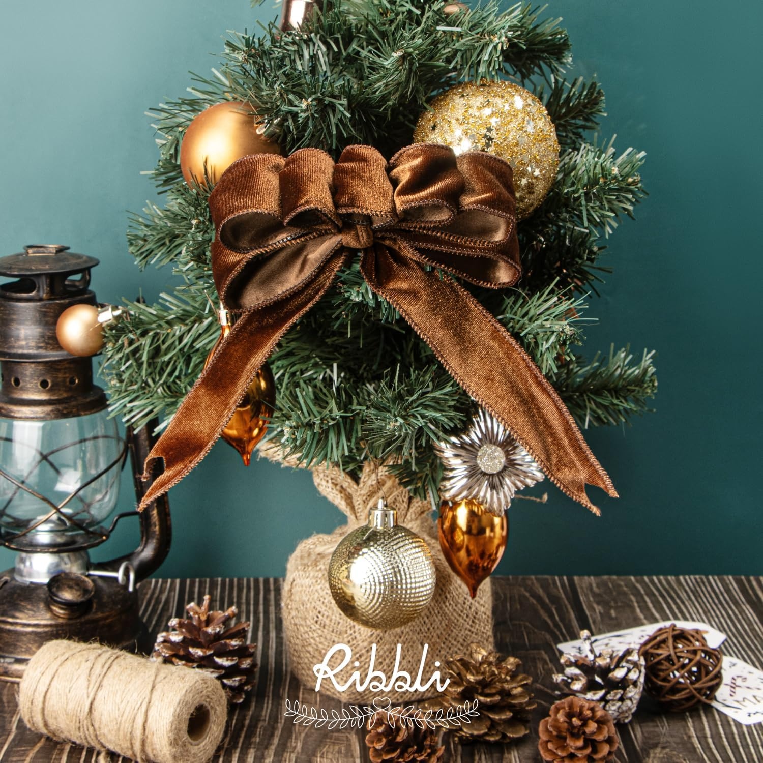 Ribbli Dusty Green Velvet Wired Ribbon 4 Inch Sage Velvet with Satin Christmas Ribbon for Gift Wrapping Christmas Tree Decoration Crafts Wreaths Supplies-Continuous 10 Yards(Brown)