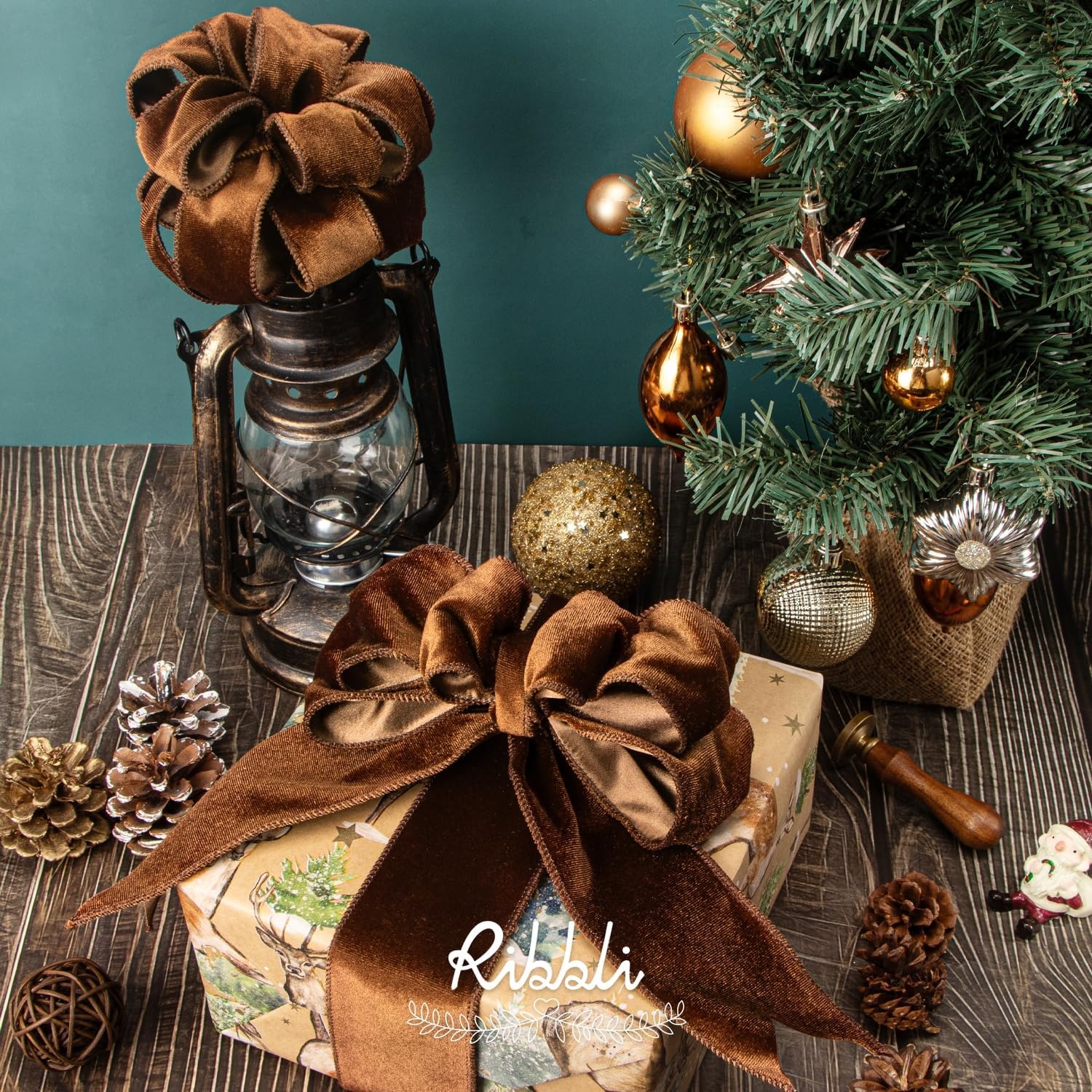 Ribbli Dusty Green Velvet Wired Ribbon 4 Inch Sage Velvet with Satin Christmas Ribbon for Gift Wrapping Christmas Tree Decoration Crafts Wreaths Supplies-Continuous 10 Yards(Brown)
