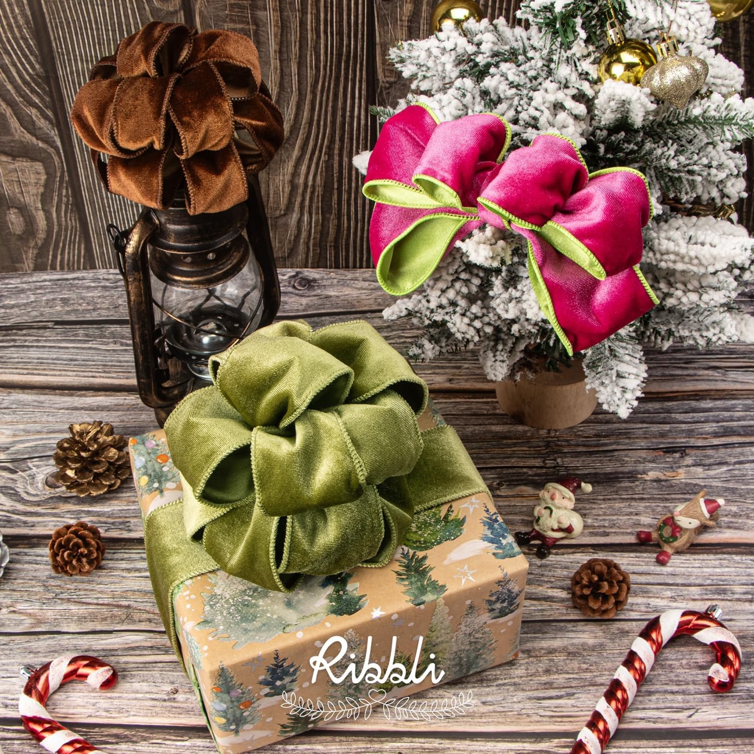 Ribbli Dusty Green Velvet Wired Ribbon 4 Inch Sage Velvet with Satin Christmas Ribbon for Gift Wrapping Christmas Tree Decoration Crafts Wreaths Supplies-Continuous 10 Yards(Brown)