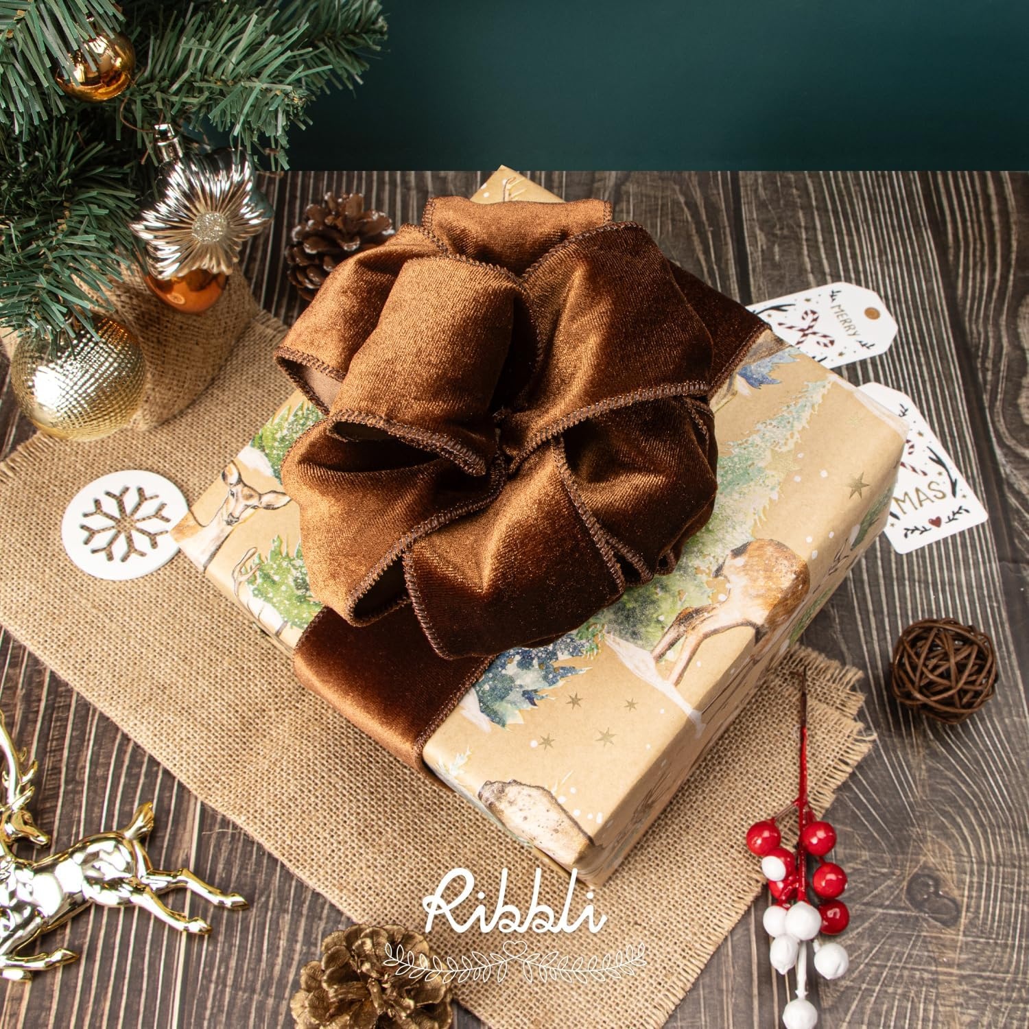 Ribbli Dusty Green Velvet Wired Ribbon 4 Inch Sage Velvet with Satin Christmas Ribbon for Gift Wrapping Christmas Tree Decoration Crafts Wreaths Supplies-Continuous 10 Yards(Brown)