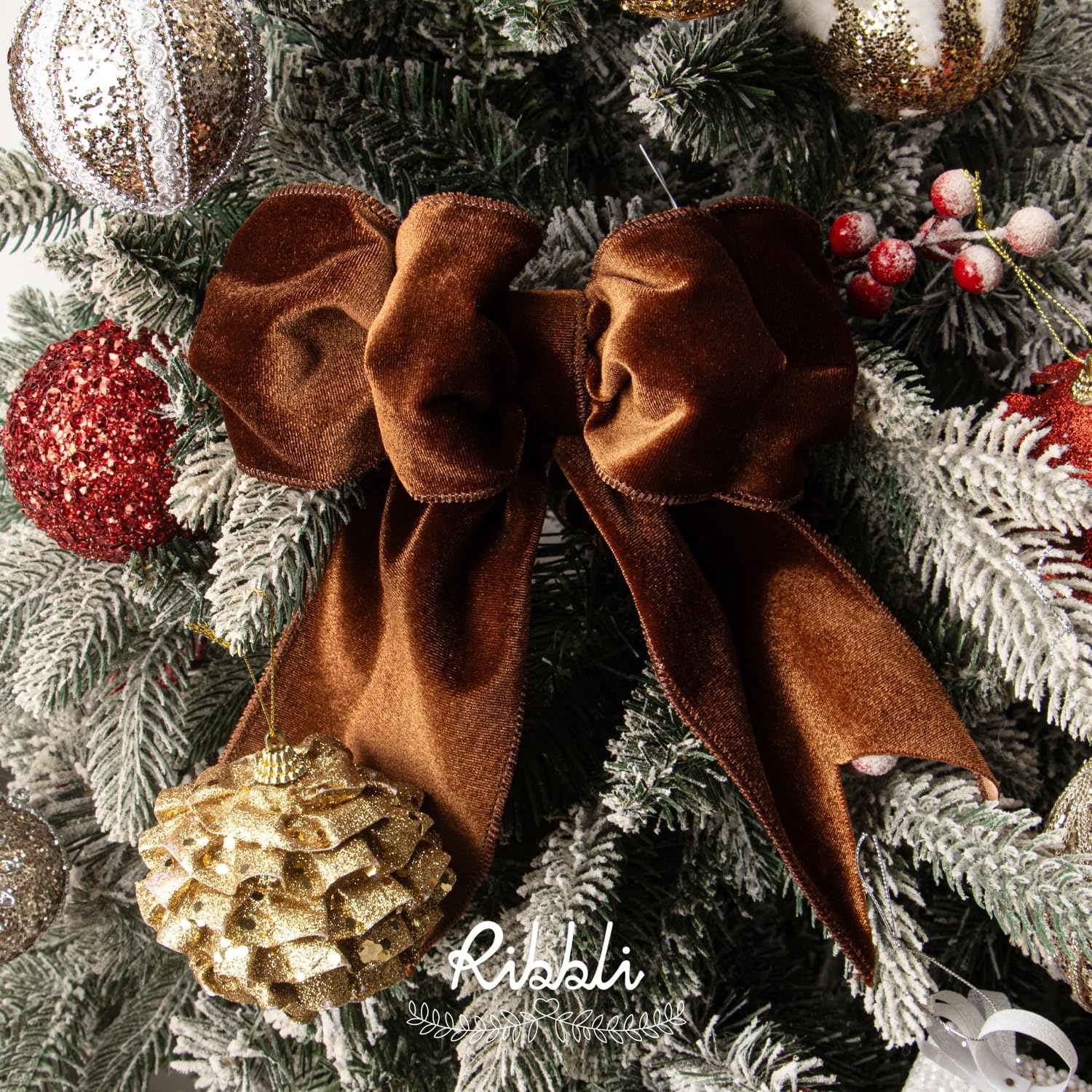 Ribbli Dusty Green Velvet Wired Ribbon 4 Inch Sage Velvet with Satin Christmas Ribbon for Gift Wrapping Christmas Tree Decoration Crafts Wreaths Supplies-Continuous 10 Yards(Brown)