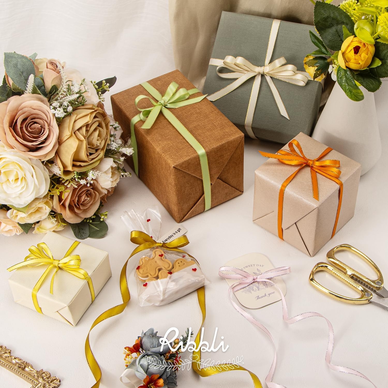 Ribbli Pearl Pink Satin Ribbon with Silver Edge,Double Faced Satin 3/8 inch x Continuous 50 Yards, Pearl Pink Ribbon Use for Crafts, Gift Wrapping, Wedding Card Decoration(Gold/Gold)
