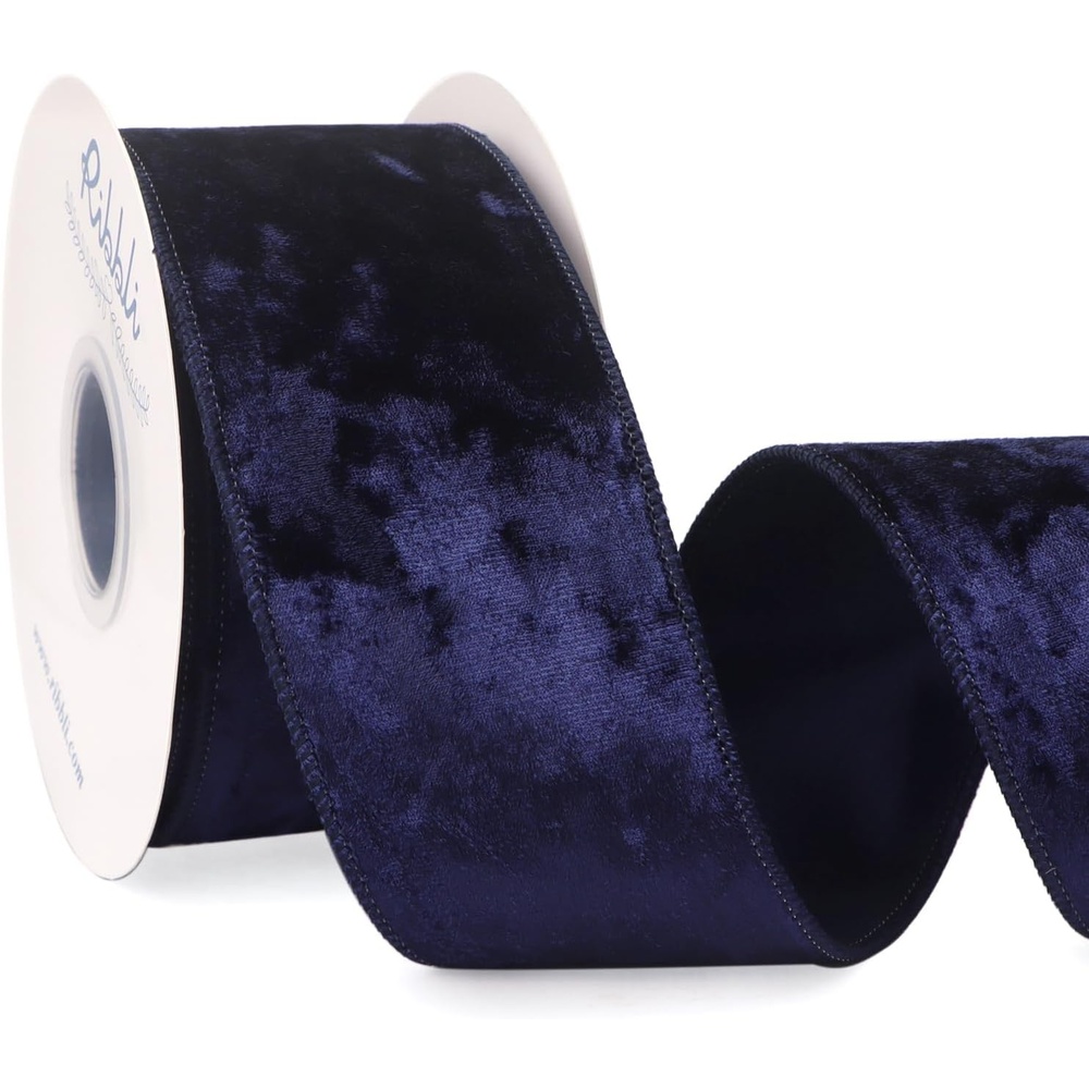 Ribbli Royal Blue Velvet Wired Ribbon 4 Inch Crushed Velvet Christmas Ribbon for Gift Wrapping Christmas Tree Decoration Crafts Wreaths Supplies-Continuous 10 Yards(Navy)