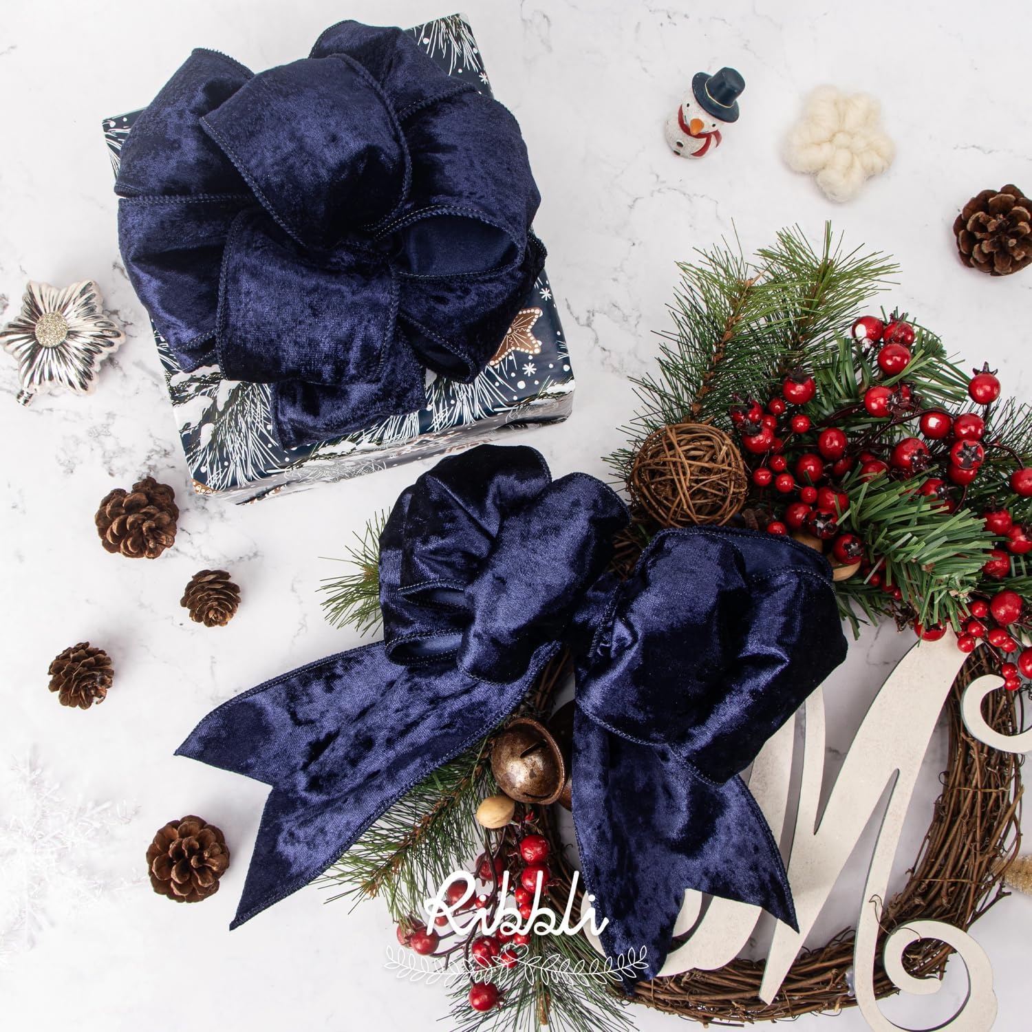 Ribbli Royal Blue Velvet Wired Ribbon 4 Inch Crushed Velvet Christmas Ribbon for Gift Wrapping Christmas Tree Decoration Crafts Wreaths Supplies-Continuous 10 Yards(Navy)