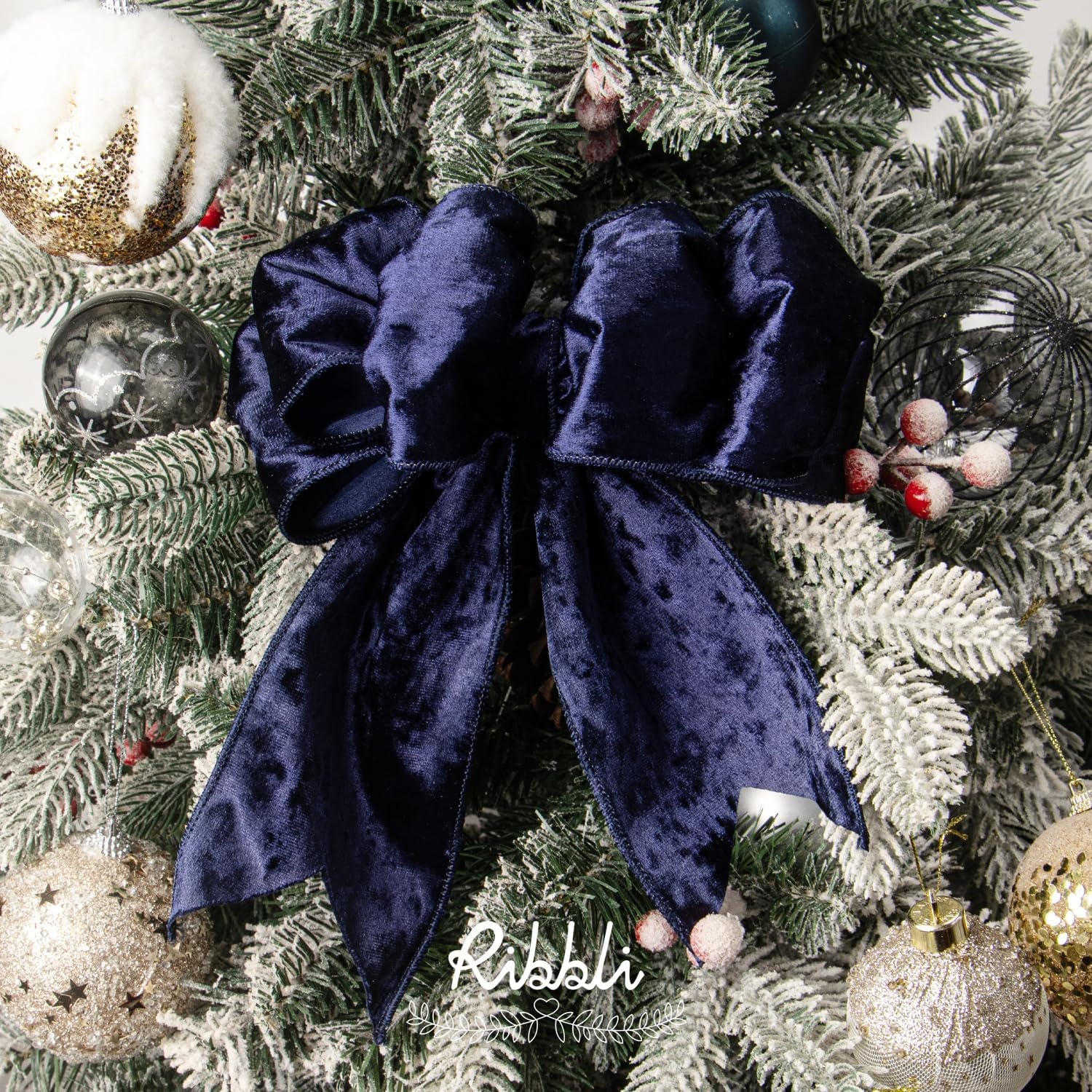 Ribbli Royal Blue Velvet Wired Ribbon 4 Inch Crushed Velvet Christmas Ribbon for Gift Wrapping Christmas Tree Decoration Crafts Wreaths Supplies-Continuous 10 Yards(Navy)