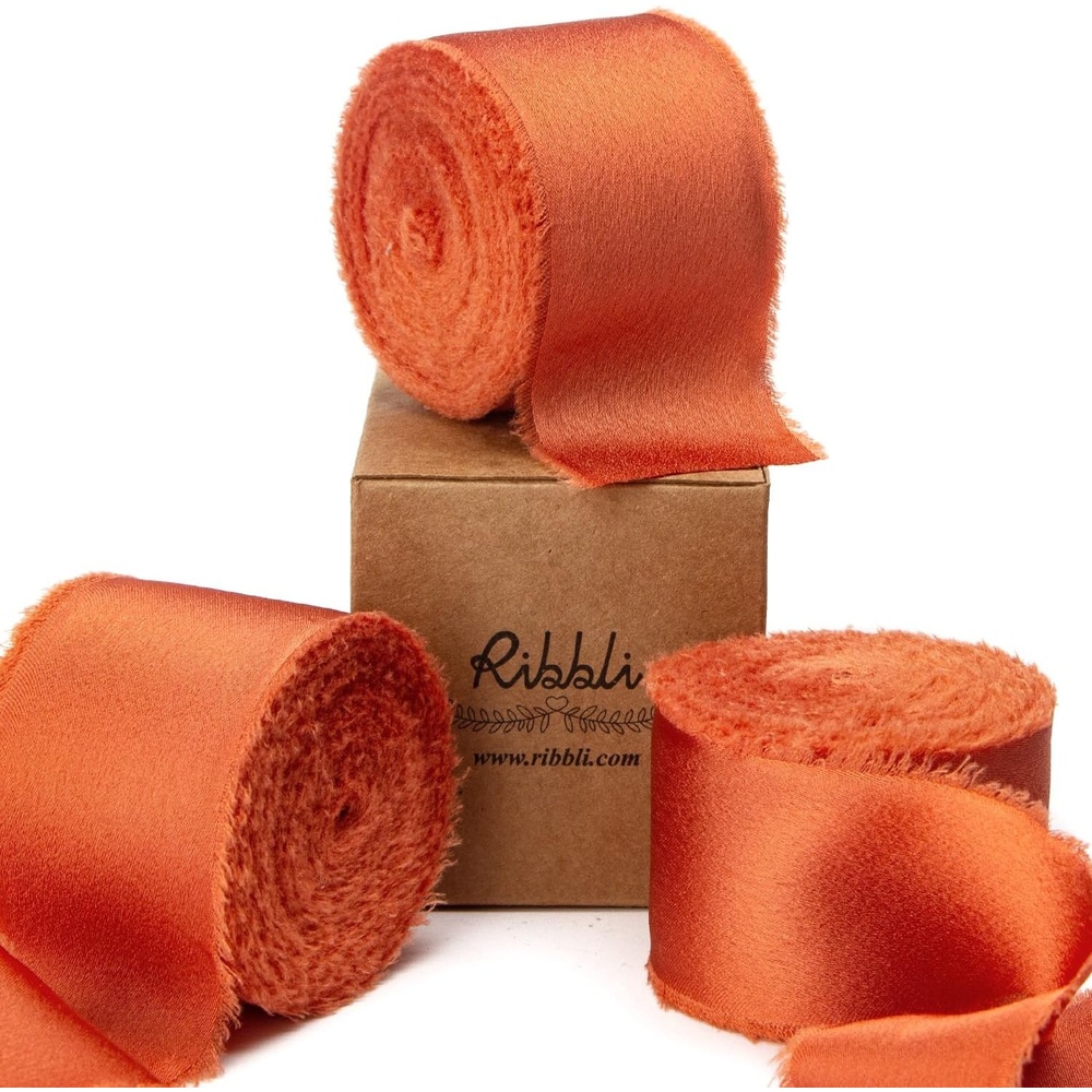 Ribbli Terracotta Silk Satin Ribbon 1.5 Inch x 30 Yard Handmade Frayed Chiffon Burnt Orange Ribbon for Gift Wrapping Wedding Invitations Bridal Bouquets Home Decor(Terracotta)