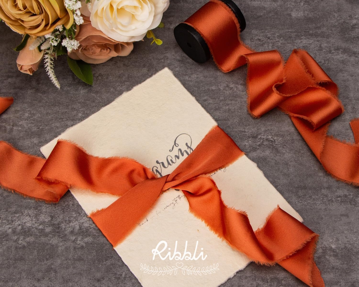 Ribbli Terracotta Silk Satin Ribbon 1.5 Inch x 30 Yard Handmade Frayed Chiffon Burnt Orange Ribbon for Gift Wrapping Wedding Invitations Bridal Bouquets Home Decor(Terracotta)