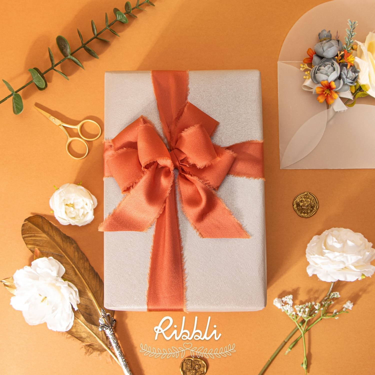 Ribbli Terracotta Silk Satin Ribbon 1.5 Inch x 30 Yard Handmade Frayed Chiffon Burnt Orange Ribbon for Gift Wrapping Wedding Invitations Bridal Bouquets Home Decor(Terracotta)