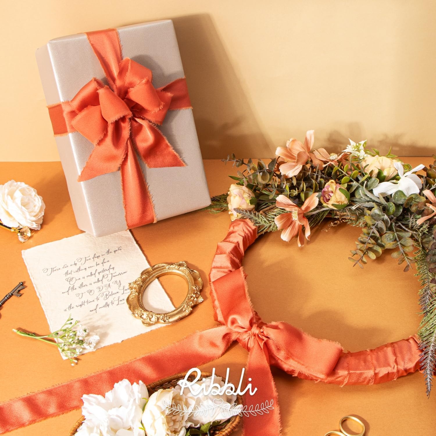 Ribbli Terracotta Silk Satin Ribbon 1.5 Inch x 30 Yard Handmade Frayed Chiffon Burnt Orange Ribbon for Gift Wrapping Wedding Invitations Bridal Bouquets Home Decor(Terracotta)