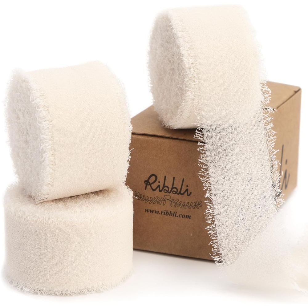 Ribbli Creamy Sage Ribbon 1 Inch x 3 Rolls Total 24 Yards Light Green Handmade Fringe Chiffon Silk Ribbon for Wrapping Wedding Invitations Bridal Bouquets DIY Crafts Home Decor(Vanialla Cream)
