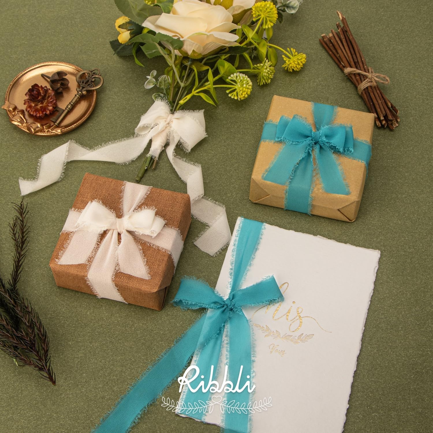 Ribbli Creamy Sage Ribbon 1 Inch x 3 Rolls Total 24 Yards Light Green Handmade Fringe Chiffon Silk Ribbon for Wrapping Wedding Invitations Bridal Bouquets DIY Crafts Home Decor(Vanialla Cream)
