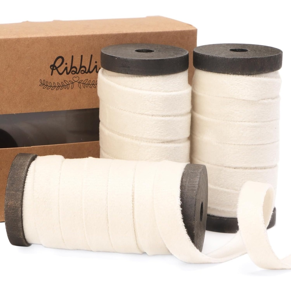Ribbli Antique Gold Velvet Ribbon 3 Rolls Double Faced 3/8 Inch 18-Yard with Wooden Spool Use for Christmas Tree Ornaments Gift Wrapping Wreath Decoration Wedding Boutonnieres(Cream White)