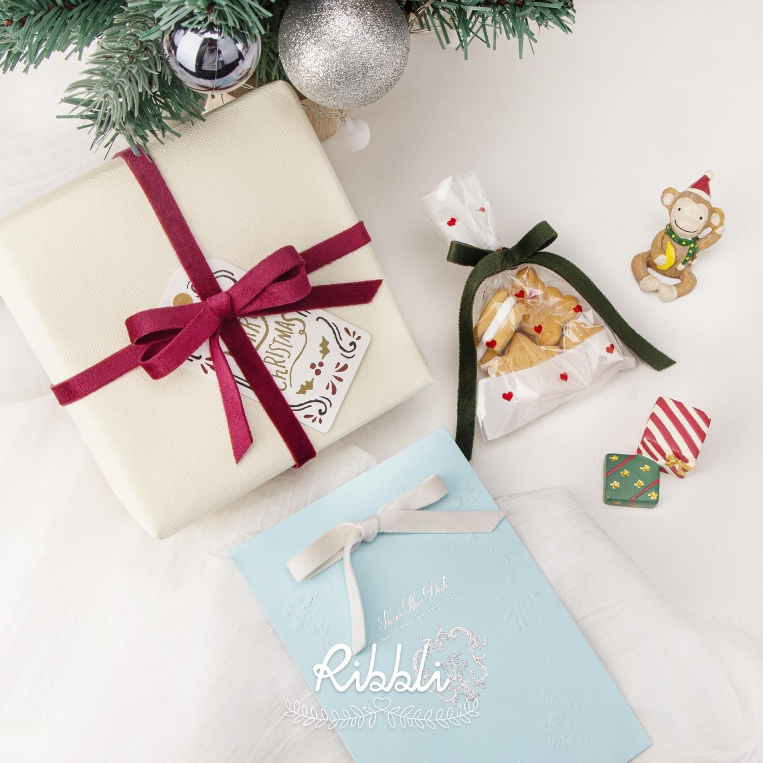 Ribbli Antique Gold Velvet Ribbon 3 Rolls Double Faced 3/8 Inch 18-Yard with Wooden Spool Use for Christmas Tree Ornaments Gift Wrapping Wreath Decoration Wedding Boutonnieres(Cream White)