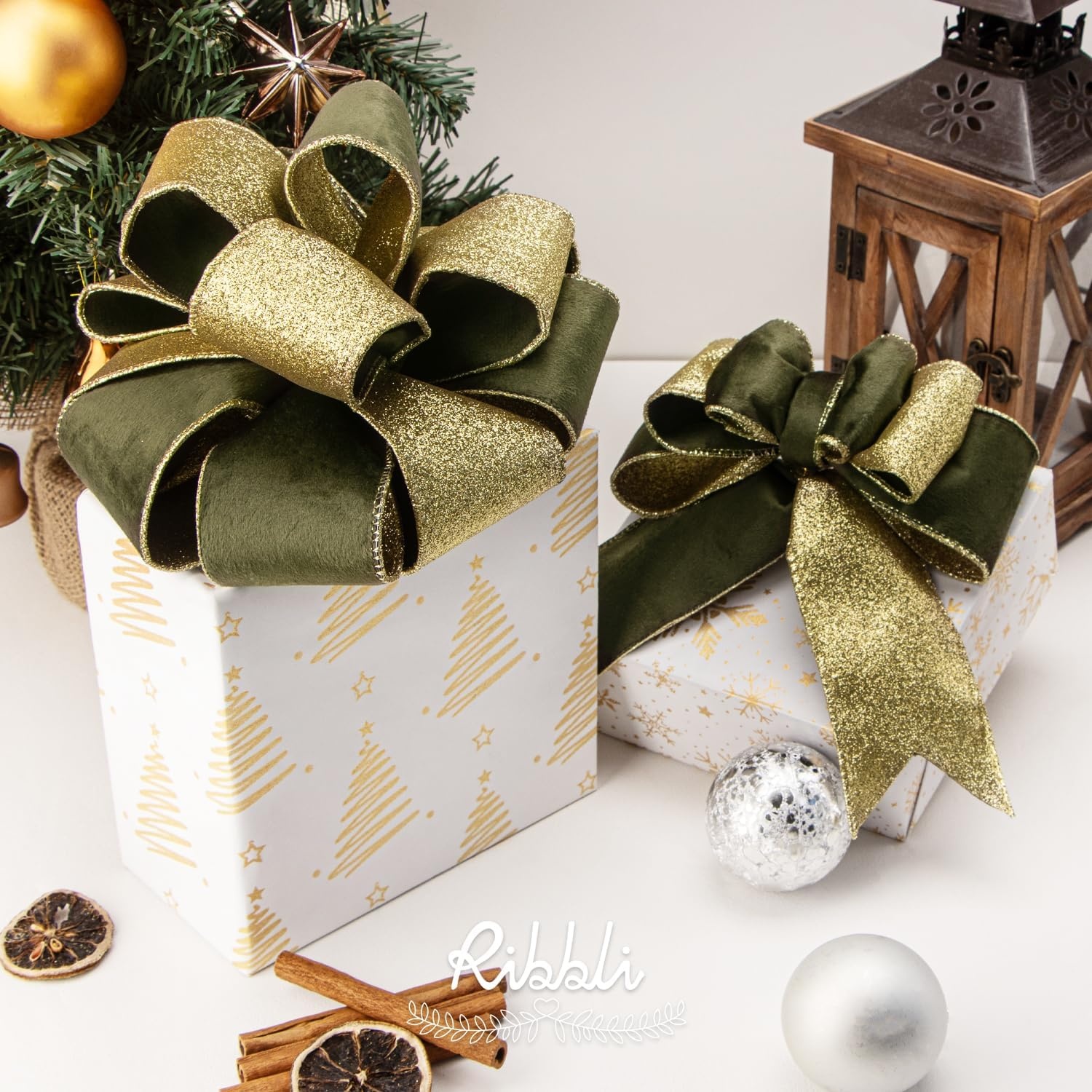 Ribbli Light Champagne Velvet Wired Ribbon 4 Inch Ivory Velvet with Champagne Glitter Christmas Ribbon for Christmas Tree Decoration Big Bow Gift Wrapping Crafts Wreaths Supplies- 10 Yards(Dark Moss)