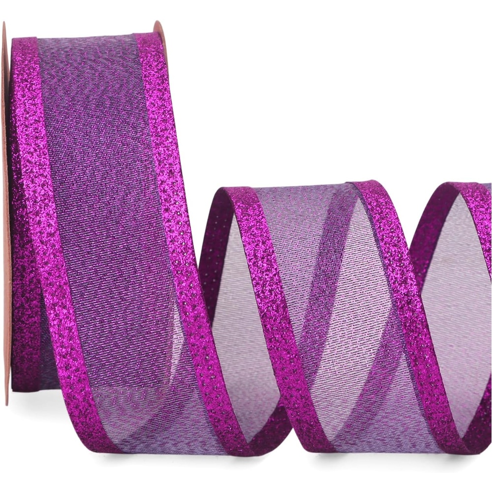 Ribbli Pink Christmas Wired Ribbon, Metallic Wired Ribbon with Glitter Edge 1-1/2 Inch x 10 Yard for Christmas Tree Decoration, Gift Wrapping, Wreaths Supplies, Swag, Holiday Decor(Purple)