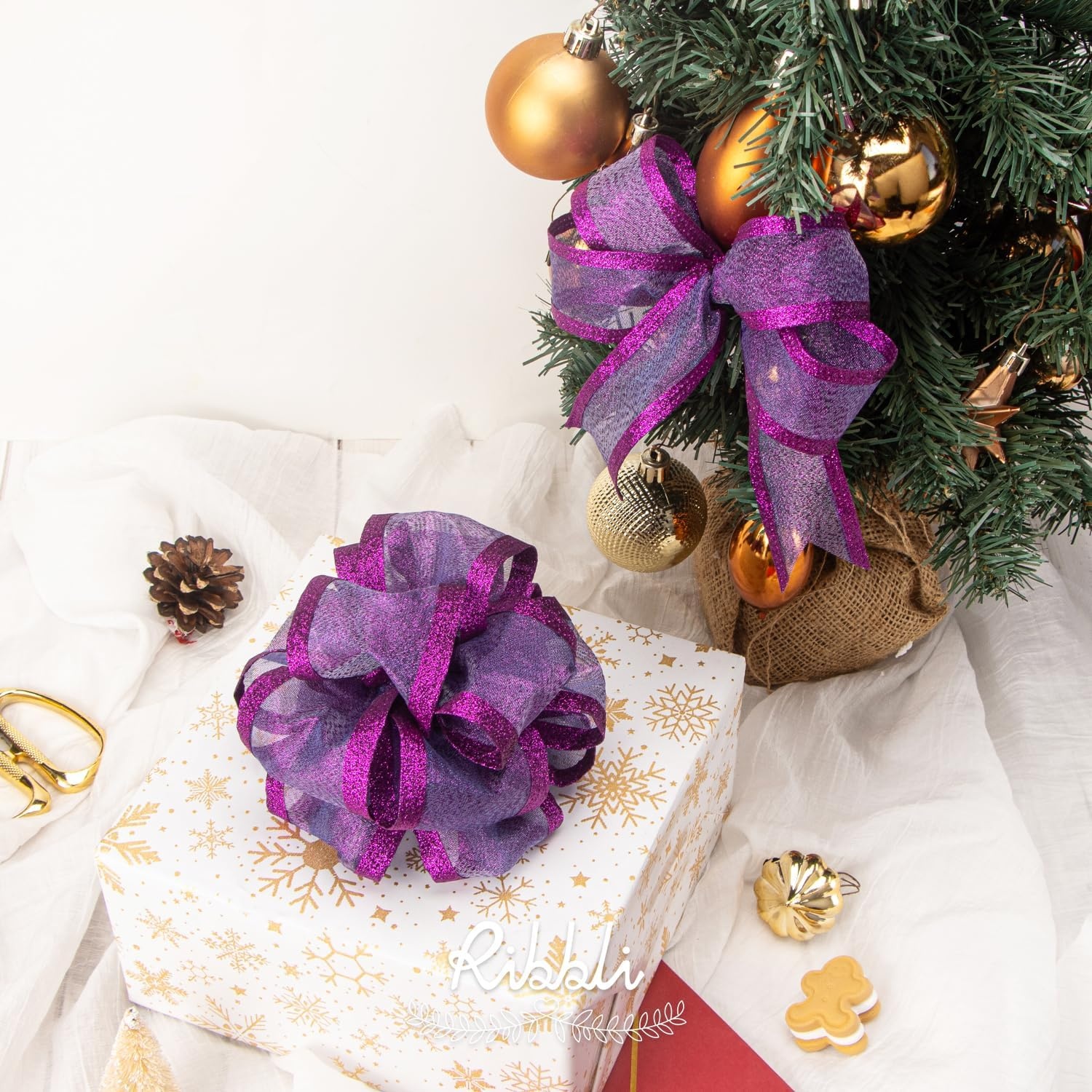 Ribbli Pink Christmas Wired Ribbon, Metallic Wired Ribbon with Glitter Edge 1-1/2 Inch x 10 Yard for Christmas Tree Decoration, Gift Wrapping, Wreaths Supplies, Swag, Holiday Decor(Purple)