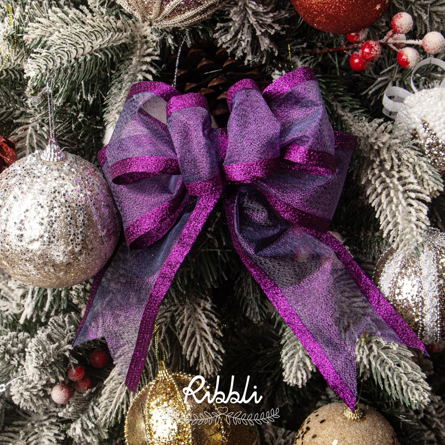 Ribbli Pink Christmas Wired Ribbon, Metallic Wired Ribbon with Glitter Edge 1-1/2 Inch x 10 Yard for Christmas Tree Decoration, Gift Wrapping, Wreaths Supplies, Swag, Holiday Decor(Purple)