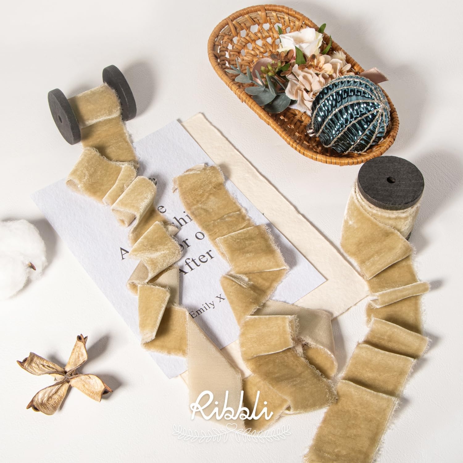 Ribbli Light Champagne Velvet Ribbon 1.5 Inch Handmade Frayed Christmas Ribbon for Gift Wrapping Christmas Tree Ornament Wreath Craft Home Decor -Total 3 Yards with Wooden Spool(Light Champagne)