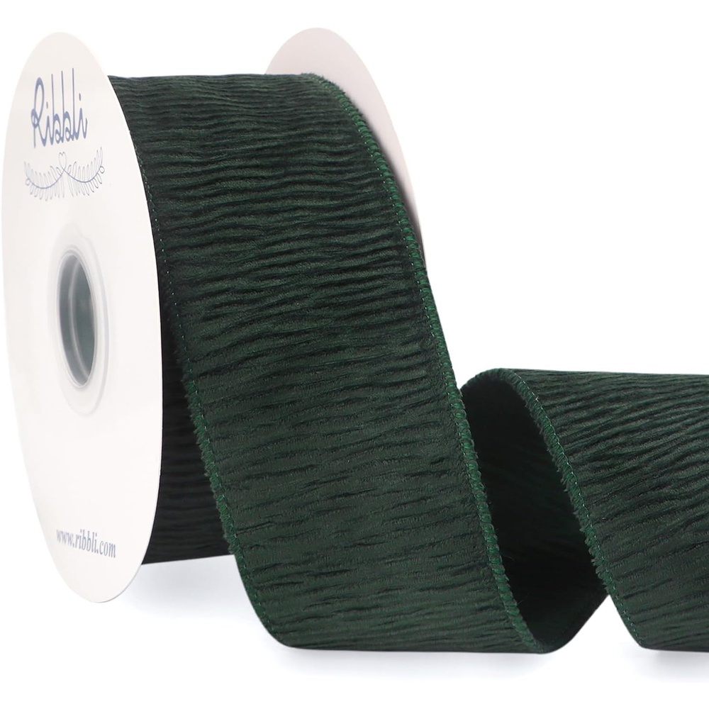 Ribbli Dark Green Crinkled Velvet Wired Ribbon 2.5 Inch Velvet Christmas Ribbon for Gift Wrapping Christmas Tree Decoration Crafts Wreaths Supplies-Continuous 10 Yards(Dark Green)