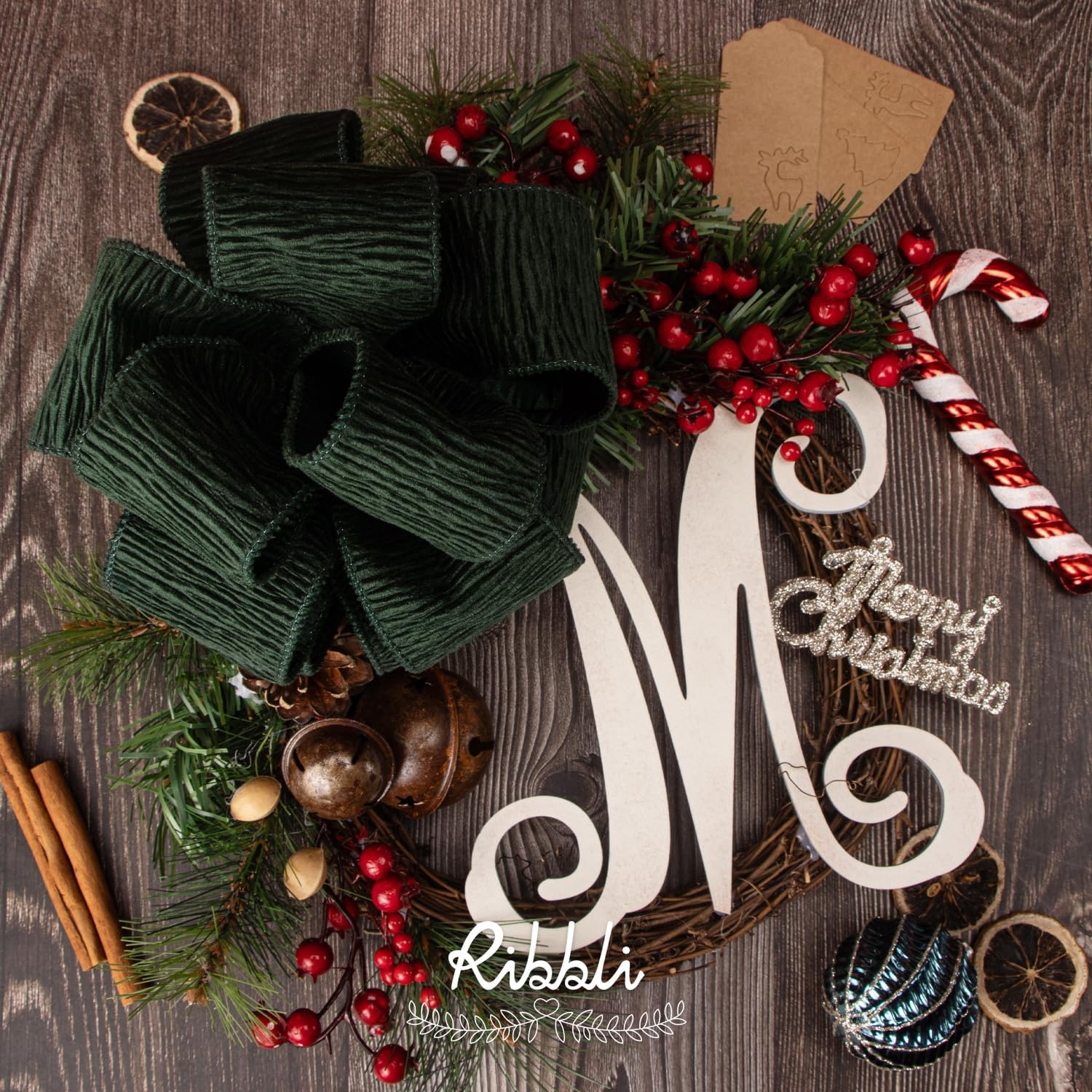 Ribbli Dark Green Crinkled Velvet Wired Ribbon 2.5 Inch Velvet Christmas Ribbon for Gift Wrapping Christmas Tree Decoration Crafts Wreaths Supplies-Continuous 10 Yards(Dark Green)