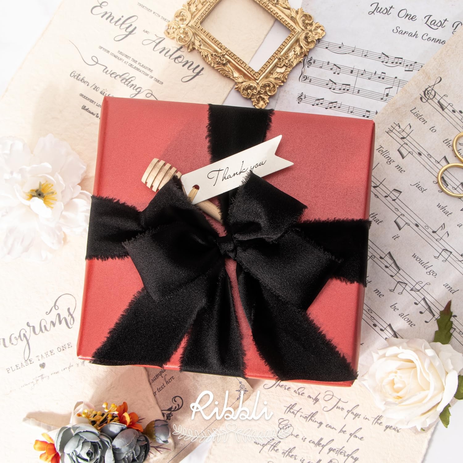 Ribbli Terracotta Silk Satin Ribbon 1.5 Inch x 30 Yard Handmade Frayed Chiffon Burnt Orange Ribbon for Gift Wrapping Wedding Invitations Bridal Bouquets Home Decor(Black)