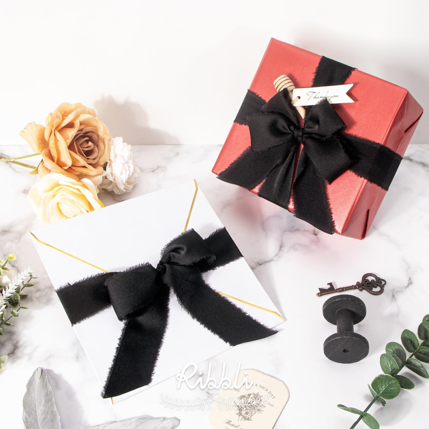 Ribbli Terracotta Silk Satin Ribbon 1.5 Inch x 30 Yard Handmade Frayed Chiffon Burnt Orange Ribbon for Gift Wrapping Wedding Invitations Bridal Bouquets Home Decor(Black)