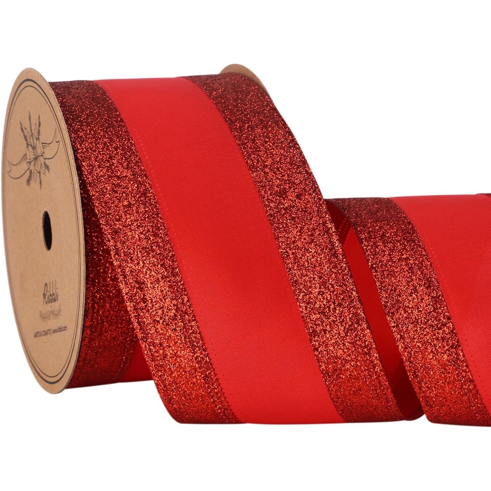 Ribbli Champagne Gold Wired Ribbon Satin with Glitter Edge 2.5 Inch Champagne Christmas Ribbon for Tree Gift Wrapping Wreaths Garland Topper Bows Crafts Home Decor -10 Yards(Red)