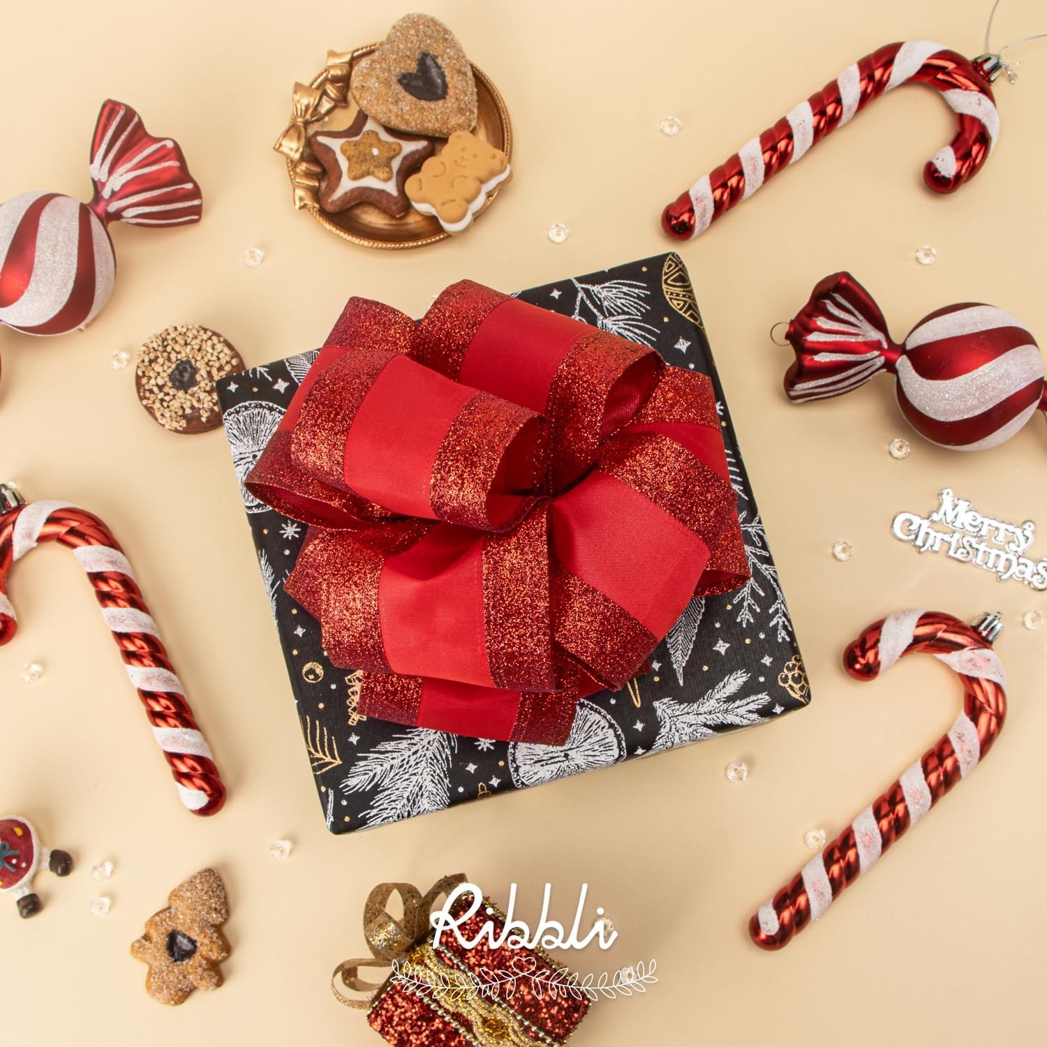Ribbli Champagne Gold Wired Ribbon Satin with Glitter Edge 2.5 Inch Champagne Christmas Ribbon for Tree Gift Wrapping Wreaths Garland Topper Bows Crafts Home Decor -10 Yards(Red)