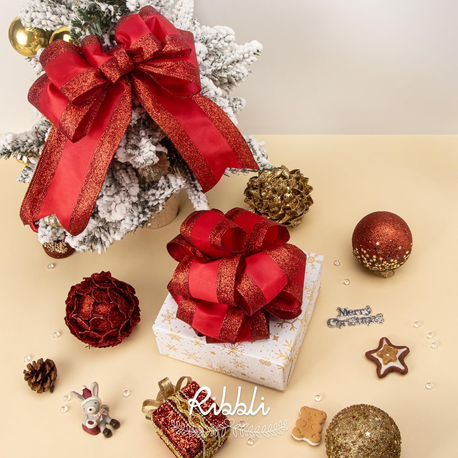 Ribbli Champagne Gold Wired Ribbon Satin with Glitter Edge 2.5 Inch Champagne Christmas Ribbon for Tree Gift Wrapping Wreaths Garland Topper Bows Crafts Home Decor -10 Yards(Red)