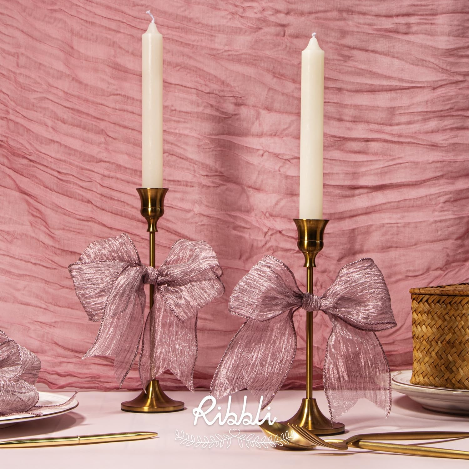 Ribbli Gold Crinkled Wired Ribbon 2.5 Inch with Metallic Wavy Christmas Ribbon for Cristmas Tree Topper Bow Wreaths Swags Gift Wrapping Wedding Decoration-Countinuous 10 Yard(Dusty Rose)
