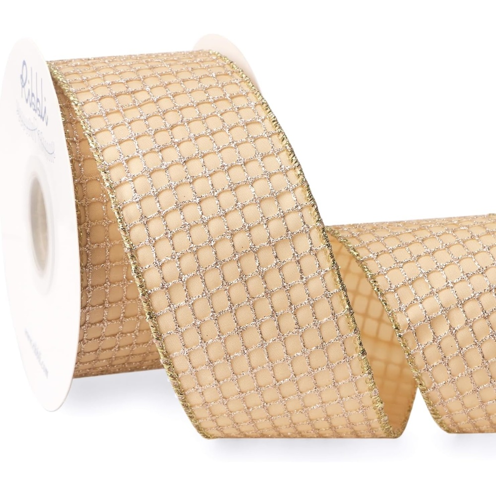 Ribbli Champagne Gold Glitter Wired Ribbon for Christmas Tree Mesh Sparkling 2.5 Inch x 10 Yard Christmas Wired Ribbon for Crafts Wreath Garland Supplies(Champagne Gold)