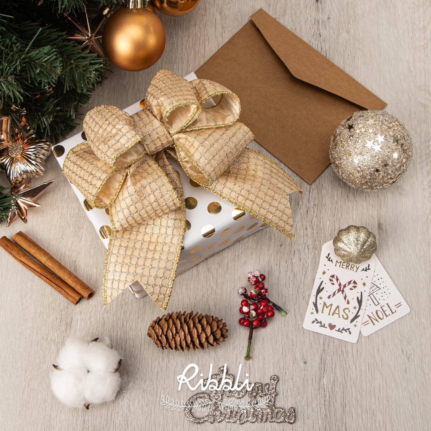Ribbli Champagne Gold Glitter Wired Ribbon for Christmas Tree Mesh Sparkling 2.5 Inch x 10 Yard Christmas Wired Ribbon for Crafts Wreath Garland Supplies(Champagne Gold)