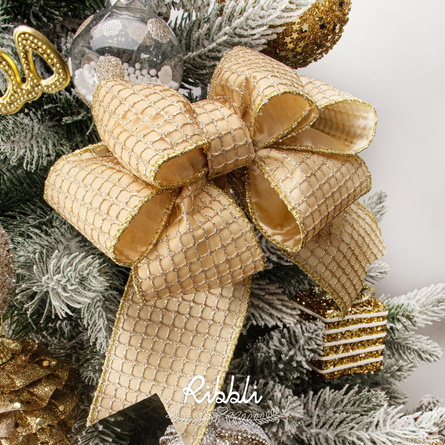 Ribbli Champagne Gold Glitter Wired Ribbon for Christmas Tree Mesh Sparkling 2.5 Inch x 10 Yard Christmas Wired Ribbon for Crafts Wreath Garland Supplies(Champagne Gold)