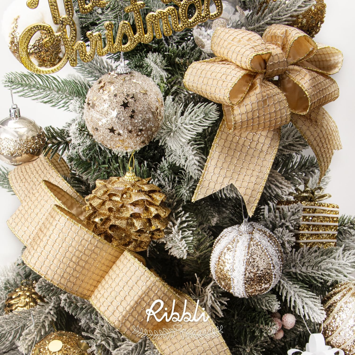 Ribbli Champagne Gold Glitter Wired Ribbon for Christmas Tree Mesh Sparkling 2.5 Inch x 10 Yard Christmas Wired Ribbon for Crafts Wreath Garland Supplies(Champagne Gold)